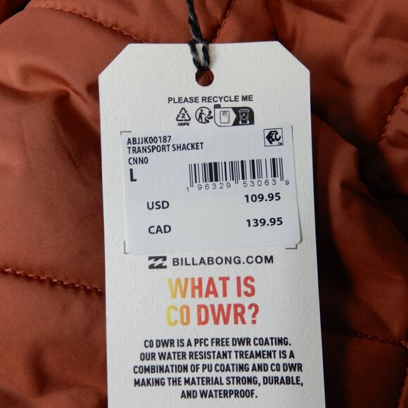 Billabong Transport Shacket Snap Front Overshirt Jacket Size L Rust Quilted NEW - Picture 8 of 12